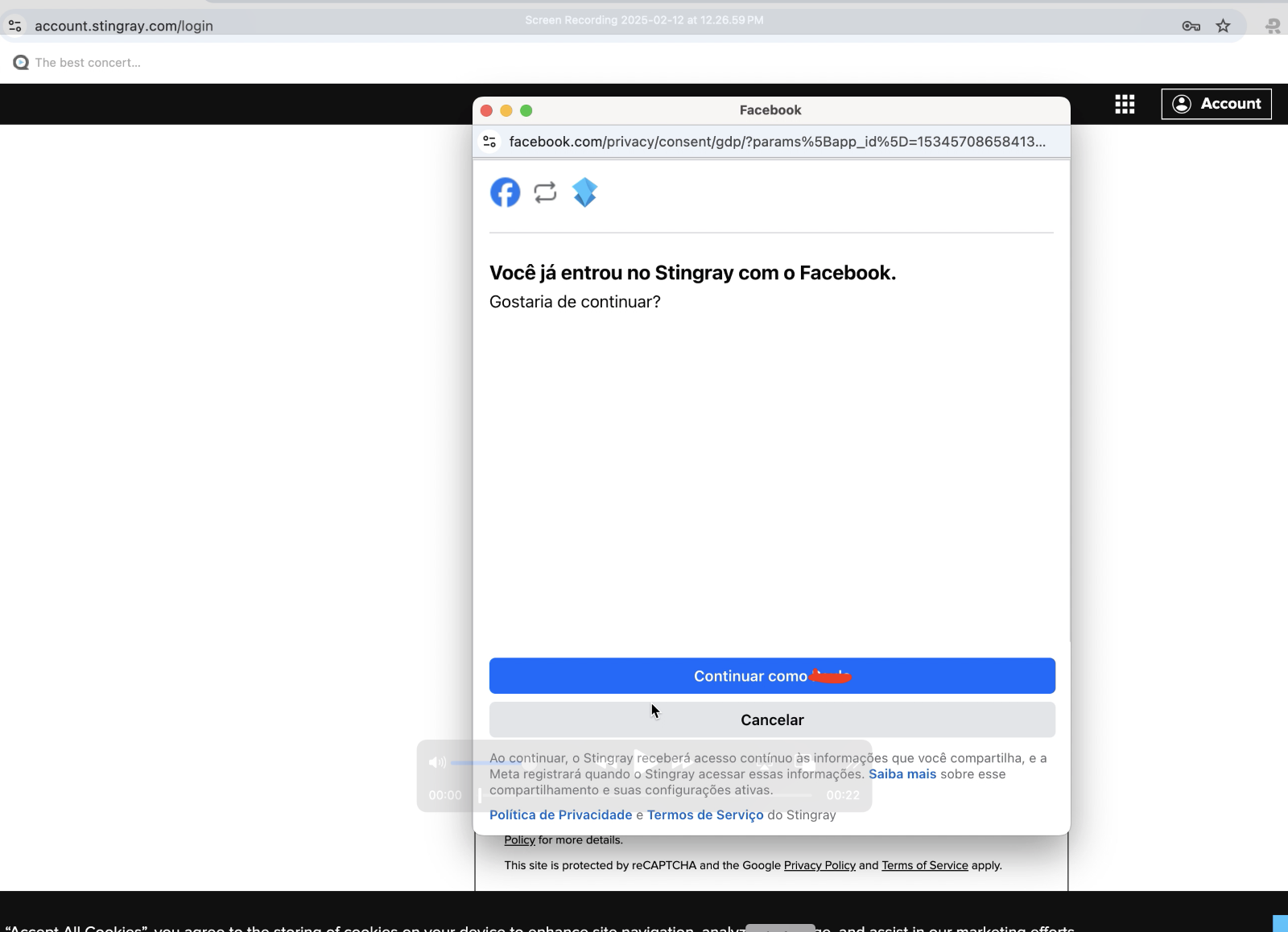 Continue with Facebook prompt